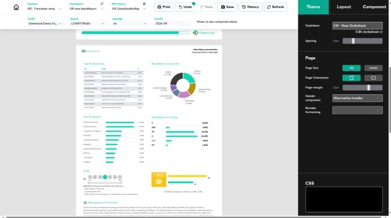 Report templating interface showing an automated financial report with charts, tables, and layout settings