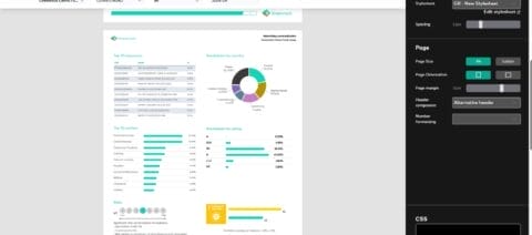 Report templating interface showing an automated financial report with charts, tables, and layout settings