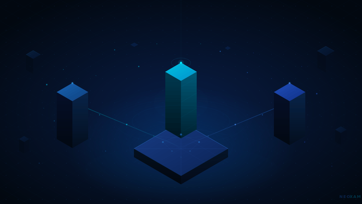 Three isometric data pillars representing cloud technology, low-code tools, and managed services converging onto a central unified investment data platform, illustrating NeoXam's approach to successful investment data delivery.